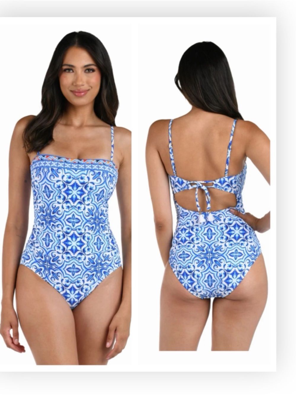 LA BLANCA Alboran Sea Bandeau Blues & White One Piece w/Removable Strap $150